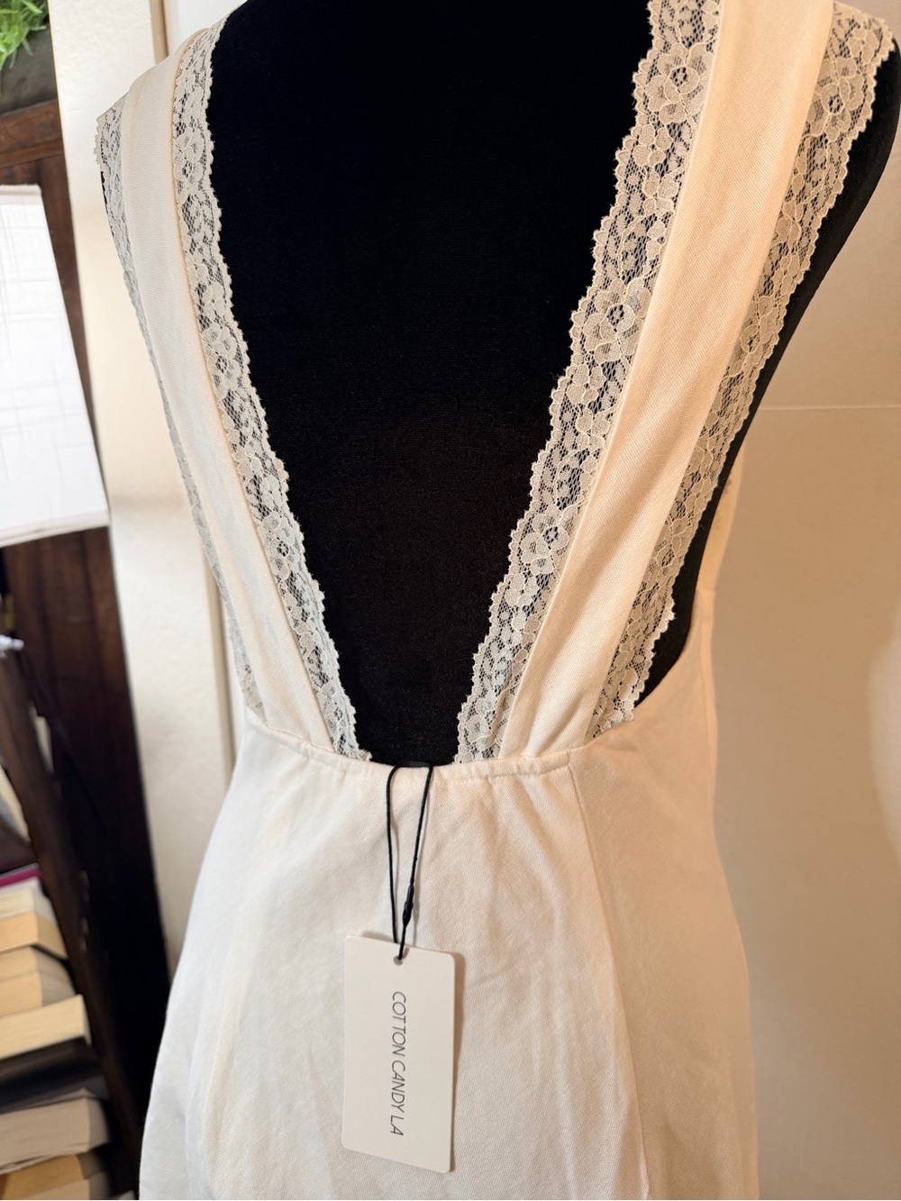 Cotton-Linen Cottage-Core White Lace Double Lined Trim Tie Front Mini Dress M - Picture 7 of 13
